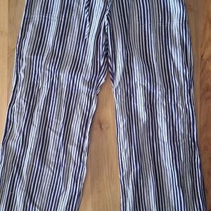 Just Living Womens Cottom Linen Blue Cream Med Monochrome Striped Wide Leg Pants